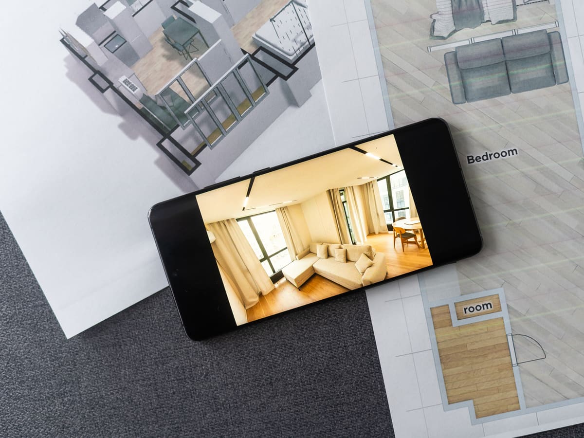 Teléfono mostrando el interior de un inmueble sobre planos arquitectónicos